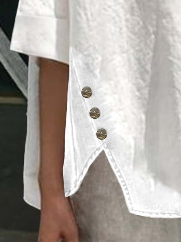 Women Casual V Neck Button Half Sleeve Cotton Linen Loose Tunic Top
