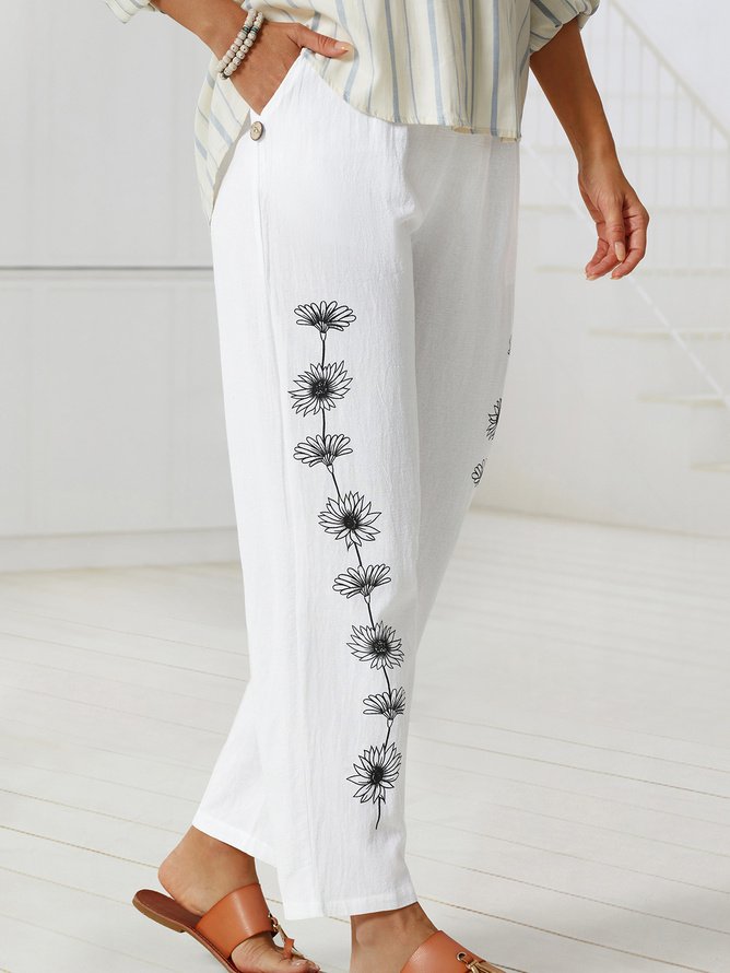 Women Floral Casual Loose Elastic Waist Pockets Pants