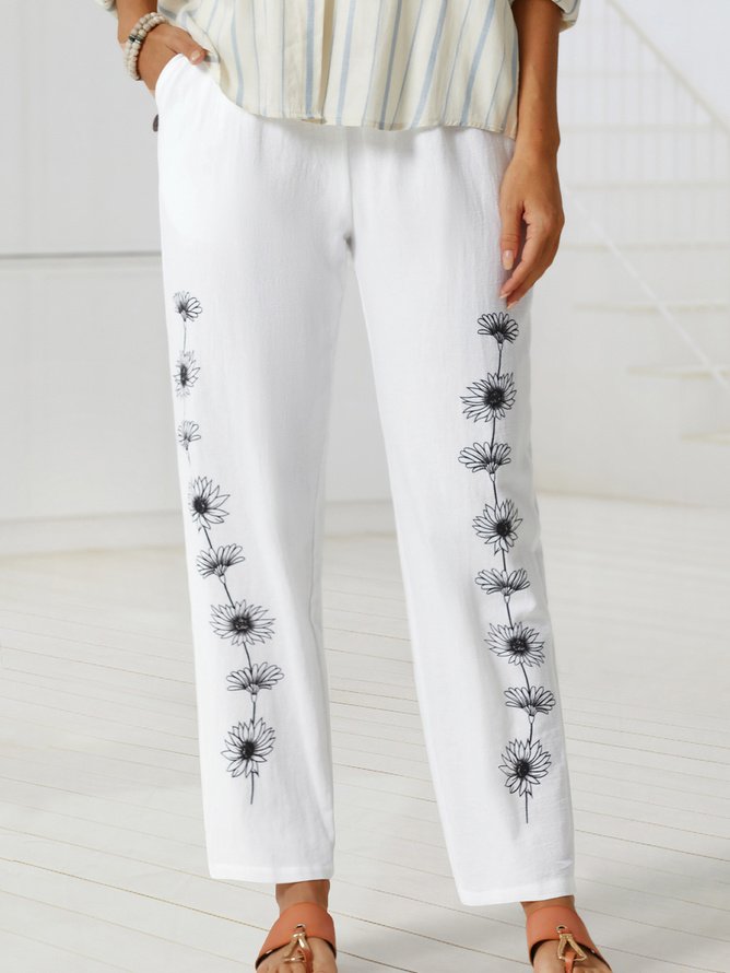 Women Floral Casual Loose Elastic Waist Pockets Pants