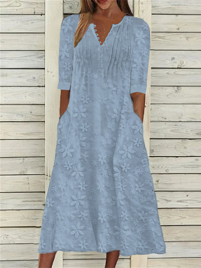 Women Elegant Plain V Neck Button Pockets Lace Floral Loose Cotton And Linen Dress