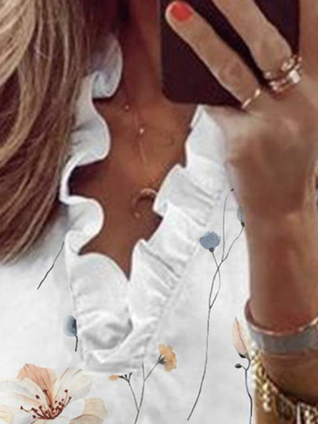 Women Elegant Floral Ruffled Trim V Neck Short Sleeve Blouse