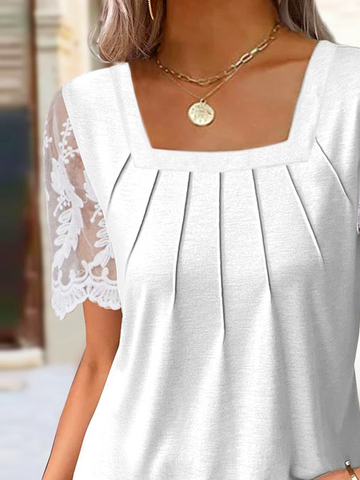 Women Casual Square Neck Mesh Floral Lace Plain Short Sleeve Tunic
