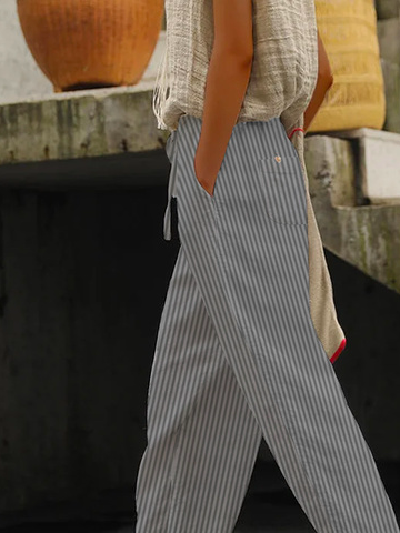 Women Casual Plain Striped Pockets Drawstring Waist Pants