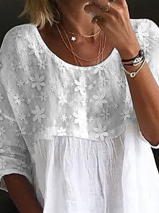 Women Elegant Lace Embroidery Patchwork Loose Three Quarter Sleeve Tunic Top
