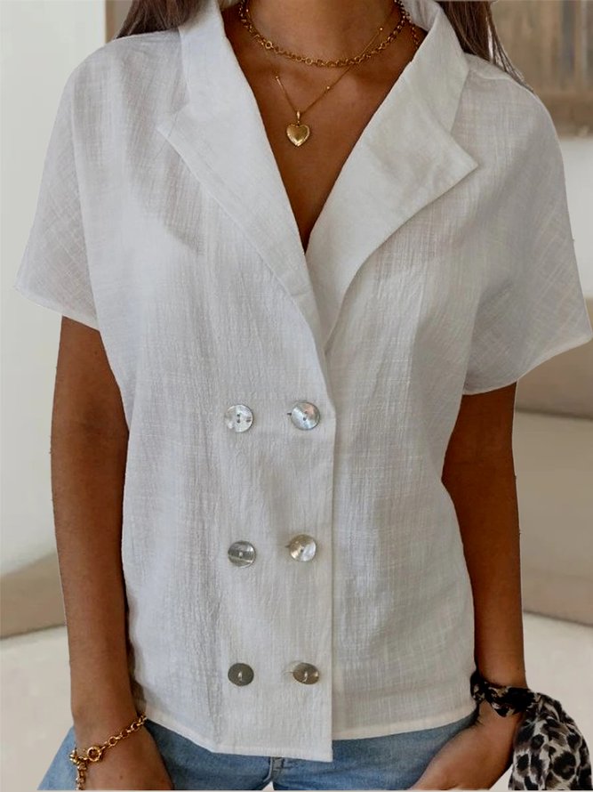 Women Elegant Plain V Neck Button Down Double Breasted Short Sleeve Blouse