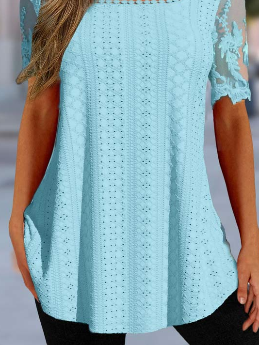Women Elegant Square Neck Plain Eyelet Embroidery Mesh Floral Lace Short Sleeve Tunic