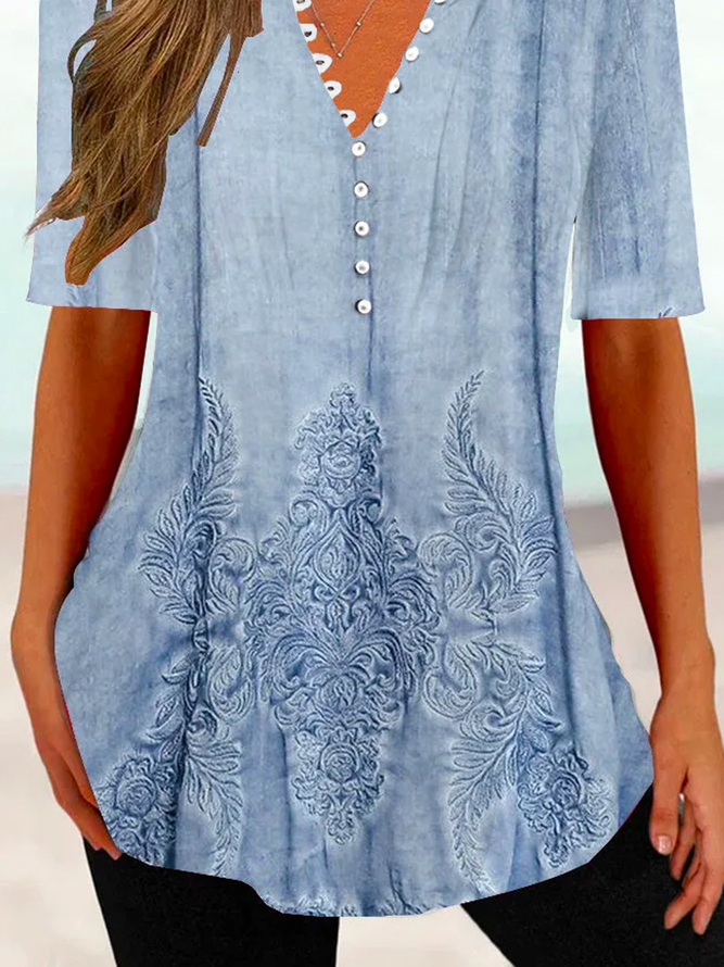 Women Casual Ethnic Loose V Neck Button Short Sleeve Tunic Top