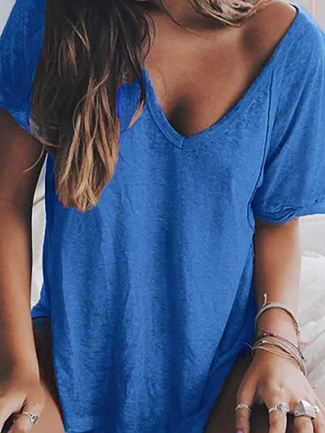Women Casual Loosen V-Neck Solid Summer Short Sleeve T-shirt