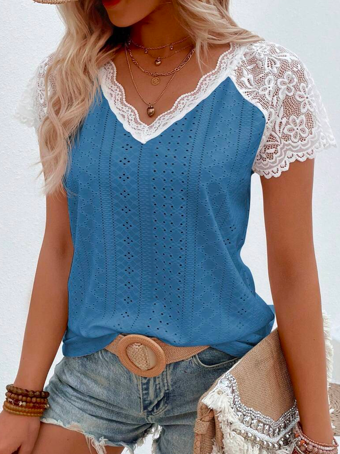 Vacation Geometric Contrast Lace Raglan Sleeve Eyelet Embroidery T-Shirt