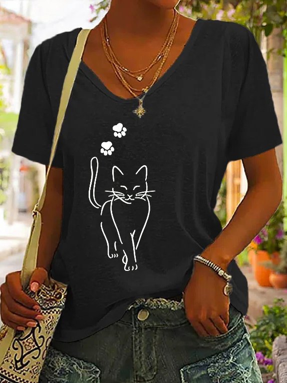Women Casual Cat Print V Neck Daily Plain Short Sleeve Summer T-shirt