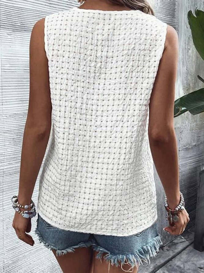 Women Casual Hollow Out Plain V Neck Button Loose Sleeveless Summer Tank Top