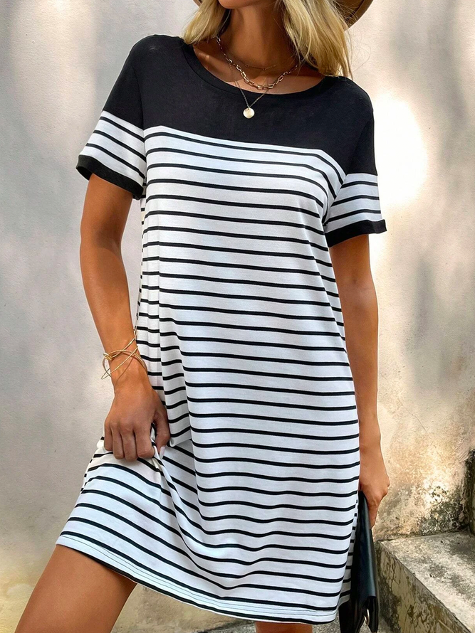 Loose Casual Crew Neck Striped Dress With