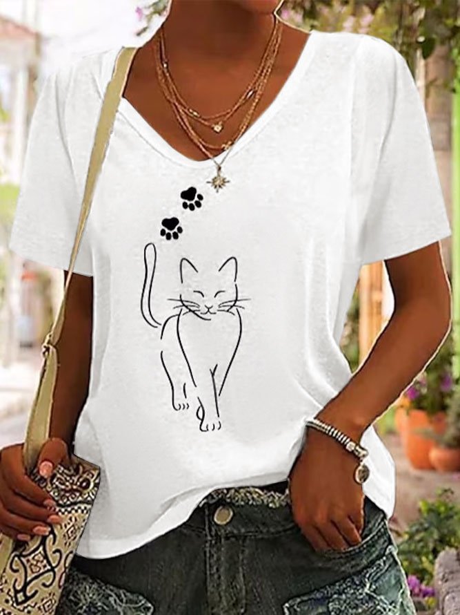 Women Casual Cat Print V Neck Daily Plain Short Sleeve Summer T-shirt