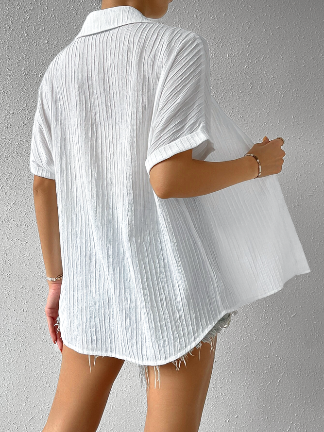 Women Elegant Plain Shirt Collar Pocket Buttoned Down Loose Short Sleeve Blouse