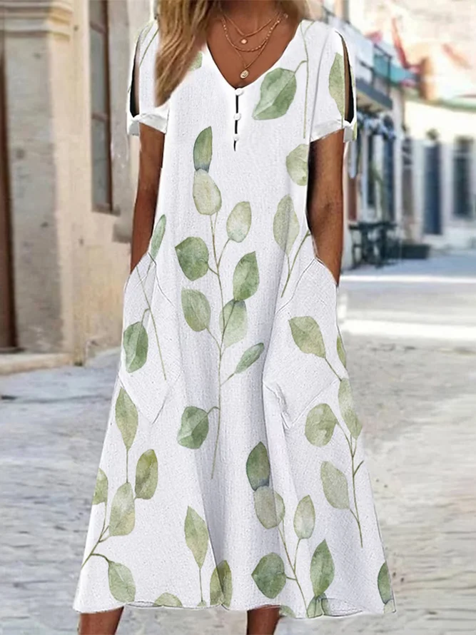 Casual Loose V Neck Leaf Dress