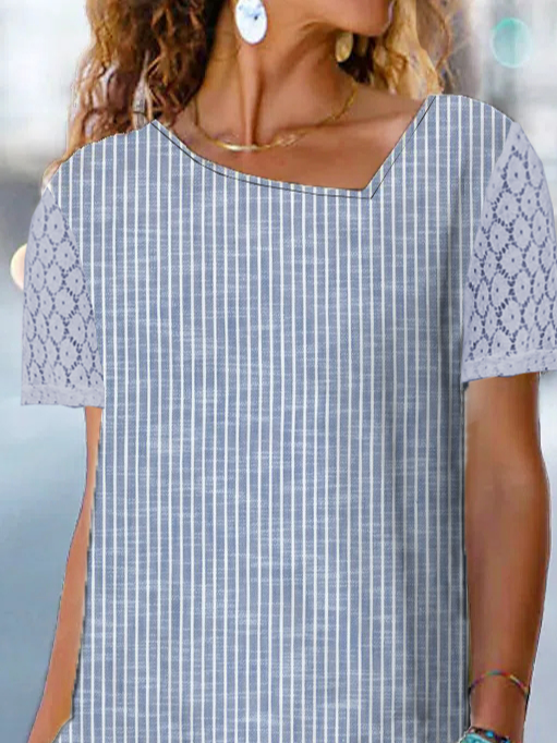 Women Striped Asymmetrical Casual Short Sleeve T-shirt