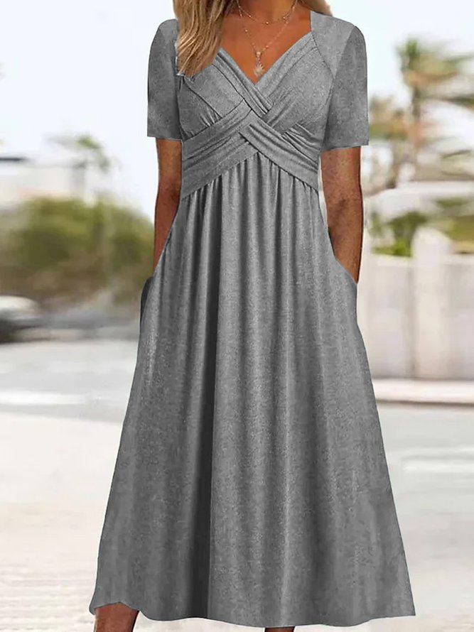 Women Elegant Plain Ruched Pockets V Neck Vacation Dress