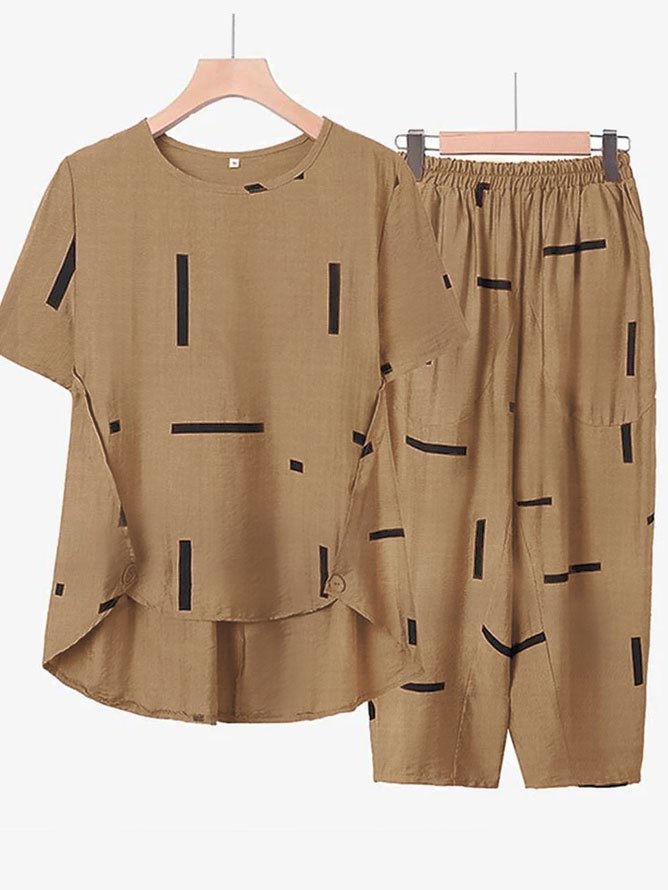 Women Casual Plain Geometric Suits Button Short Sleeve Shirt and Trousers Pockets Pants Two-Piece Sets
