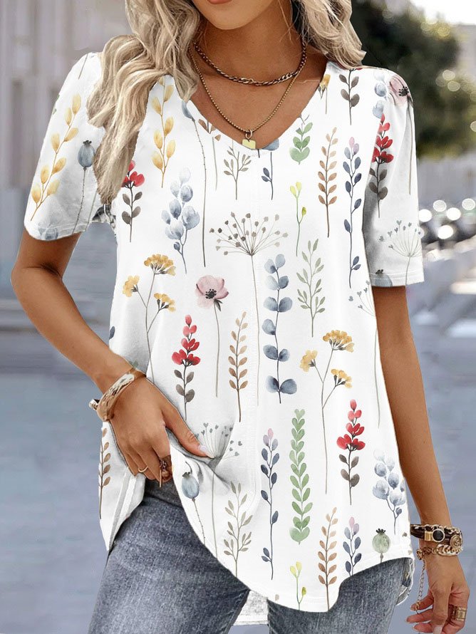 Women Casual Floral V Neck Loose Short Sleeve Tunic Top