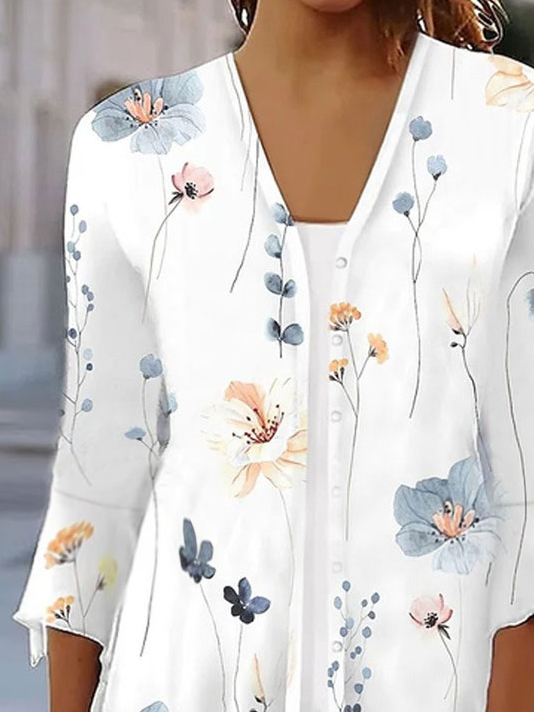 Women Casual Floral Loose Open Front Button Three Quarter Sleeve Cardigan Blouse