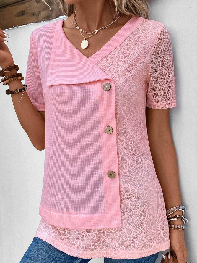 Women Casual Plain Loose Button Floral Short Sleeve Blouse