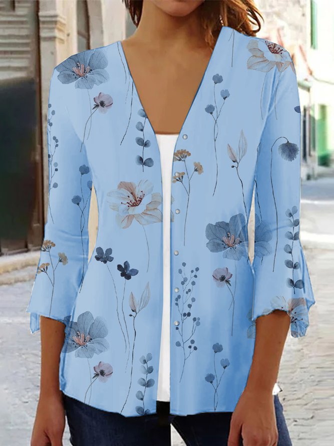 Women Casual Floral Loose Open Front Button Three Quarter Sleeve Cardigan Blouse