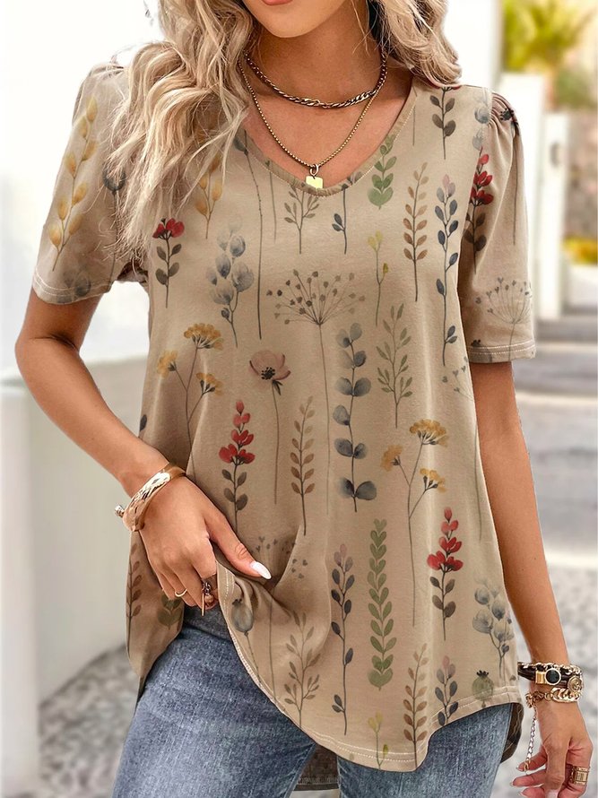 Women Casual Floral V Neck Loose Short Sleeve Tunic Top