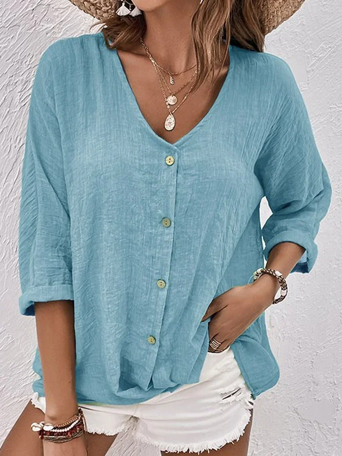 Women Plain V Neck Button Down Linen Three Quarter Sleeve Blouse
