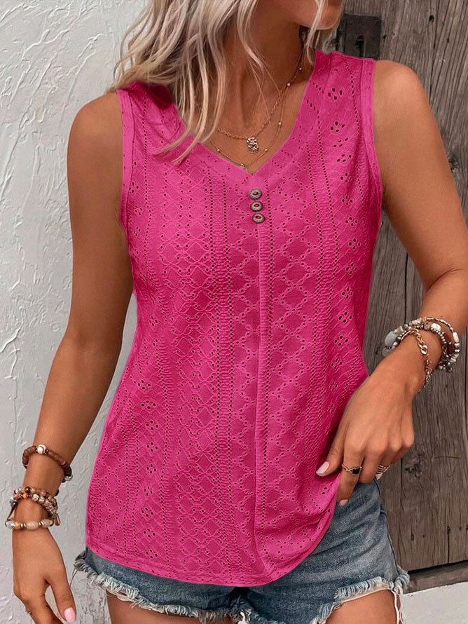 Loose V Neck Casual Buttoned Eyelet Embroidery  Front Tank Top