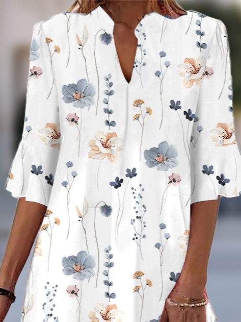 Floral Casual Loose Shirt Collar Flare Sleeve Dress