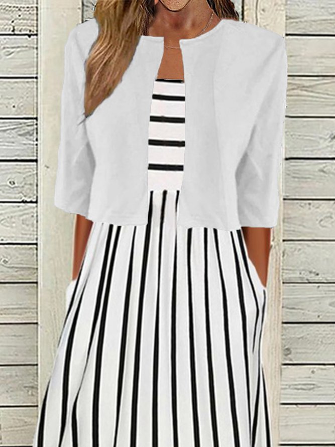 Elegant Two Pieces Crew Neck Striped Pockets Sleeveless Midi Dress With Solid Open Front Half Sleeve Jacket