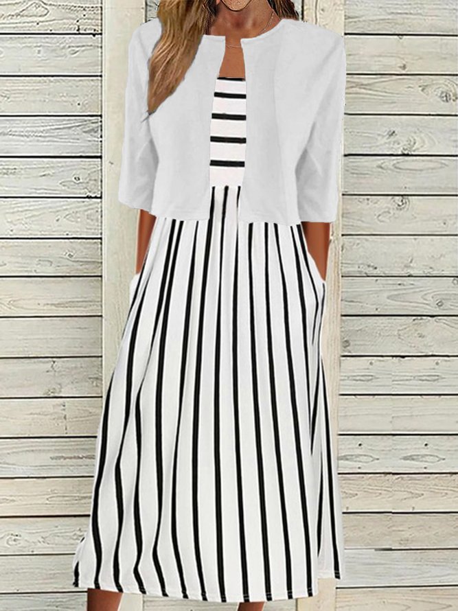 Elegant Two Pieces Crew Neck Striped Pockets Sleeveless Midi Dress With Solid Open Front Half Sleeve Jacket