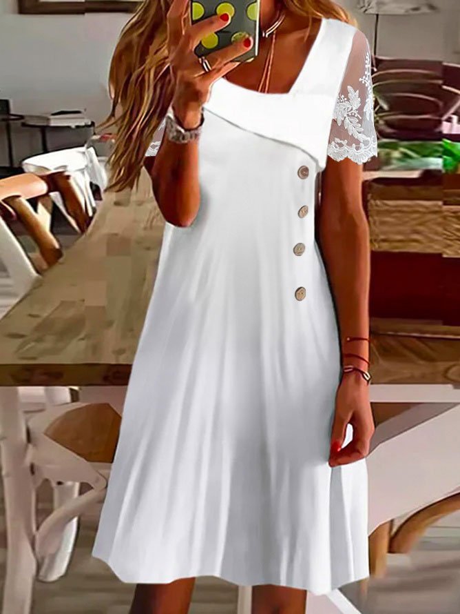 Lace Sleeve Plain Loose Casual Asymmetrical Dress