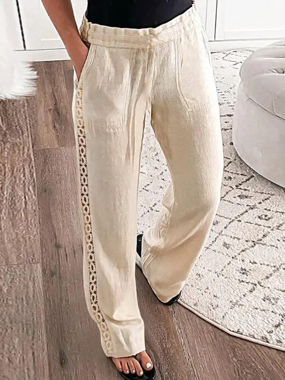Women Casual Plain All Season Polyester Natural Loose Elastic Band H-Line Regular Pants
