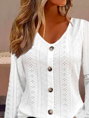 Buttoned Plain Casual Eyelet Embroidery Long Sleeve Blouse