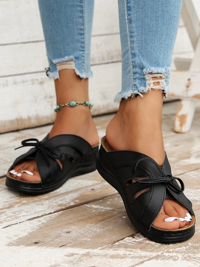 Casual Bowknot Hollow out Comfy Wedge Heel Slide Sandals