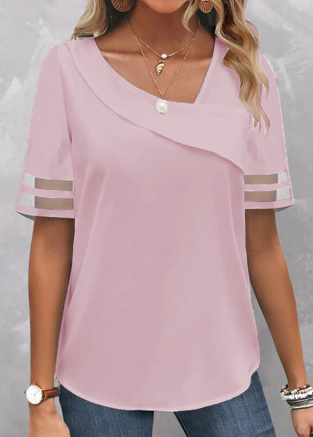Women Casual Asymmetrical Neck Plain Loose Short Sleeve Tunic Top