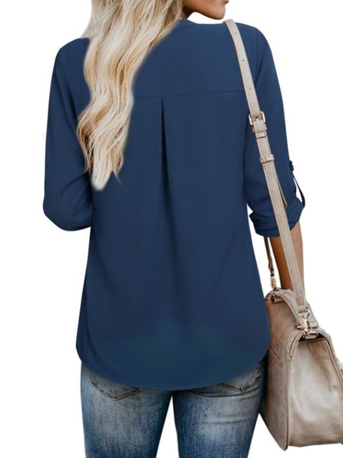 Woman Loose V-neck Fashion Urban Plain Shirt