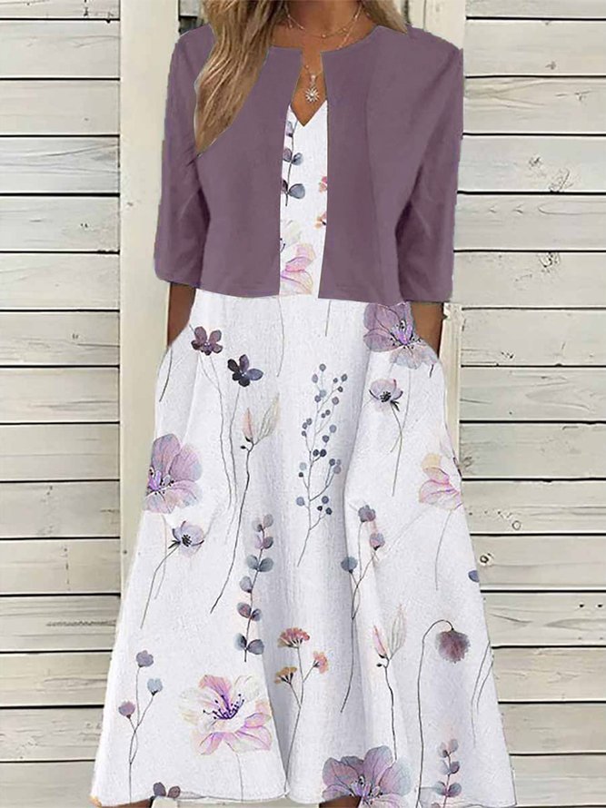 Elegant Two Pieces V Neck Floral Pockets Sleeveless Midi Dress With Open Front Jacket