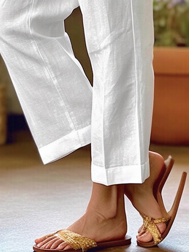 Women Plain Pockets Cotton And Linen Loose Pants
