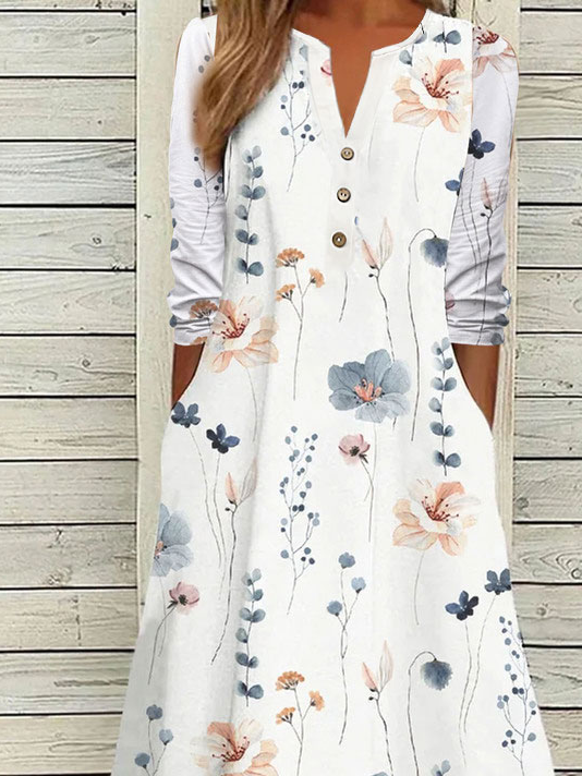 Jersey Casual Loose Buckle Floral Dress