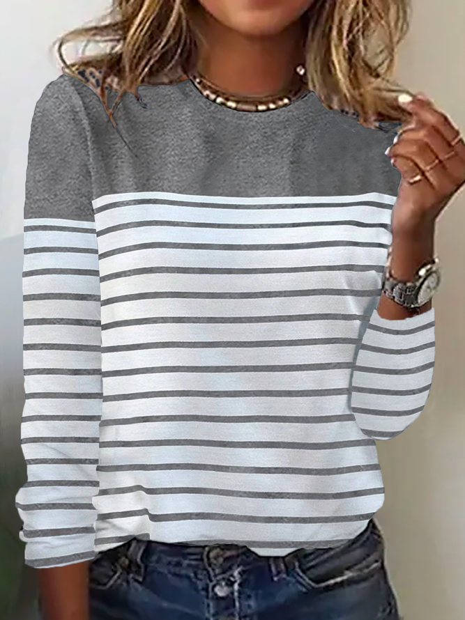 Women Basic Striped Color Block Crew Neck Loose Long Sleeve Top