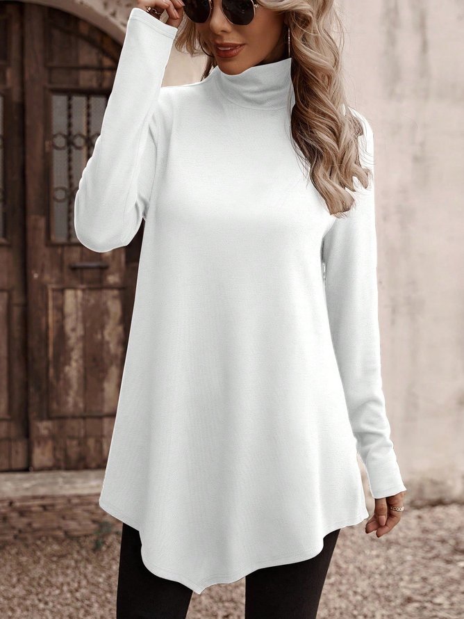 Women Plain Turtleneck Casual Long Sleeve T-shirt