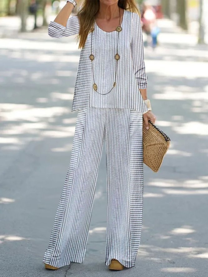 Striped Casual Spring/Fall Polyester Loose Top With Pants H-Line Regular AA Two-Piece Sets for Women