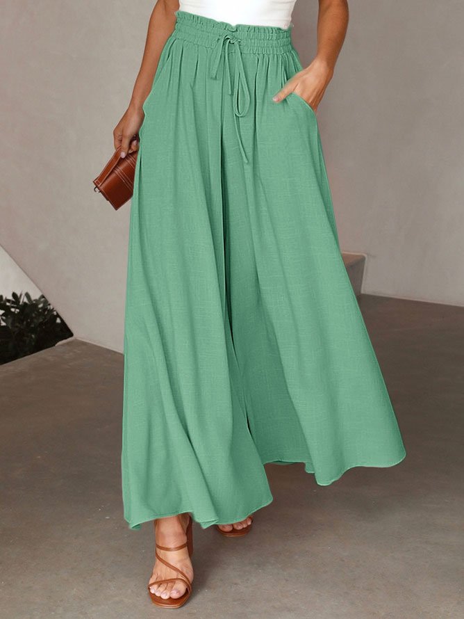 Women Wide Leg Pants Summer Boho Elastic Waist Drawstring Pockets Flowy Beach Trousers