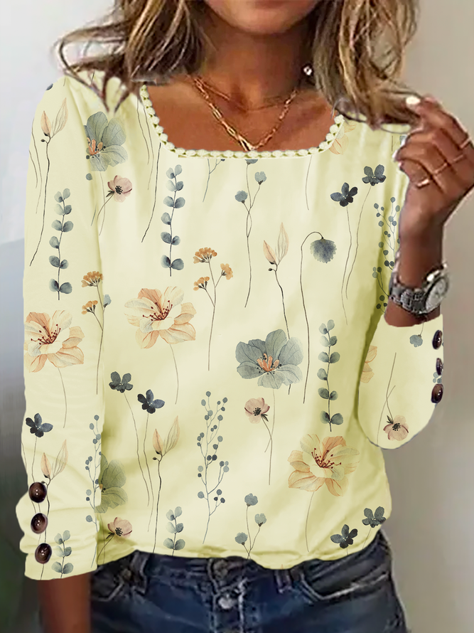 Casual Floral Square Neck Buttoned Long Sleeve Top