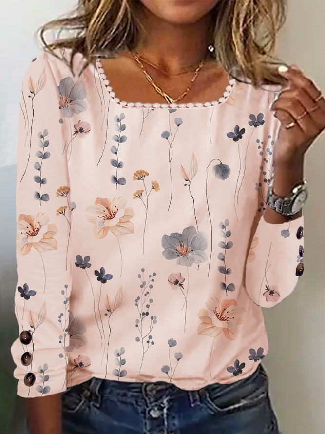 Casual Floral Square Neck Buttoned Long Sleeve Top
