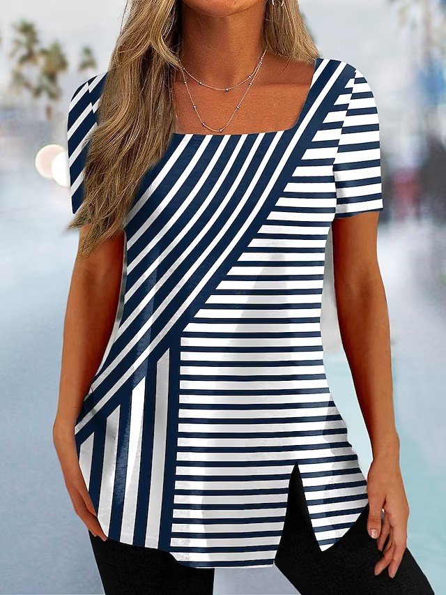 Women Striped Square Neck Casual Short Sleeve T-shirt