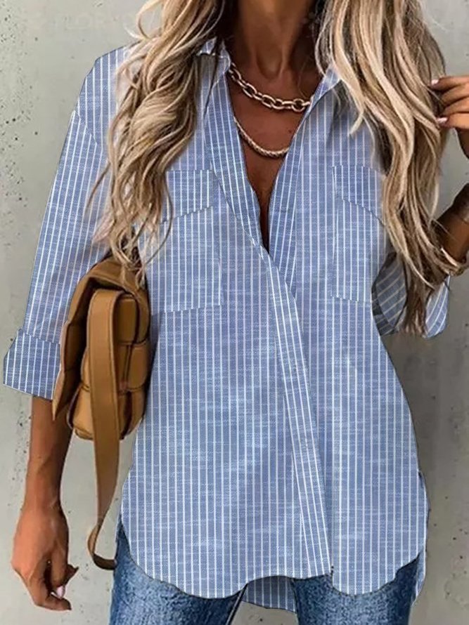 Striped Loose Shirt Collar Casual Blouse