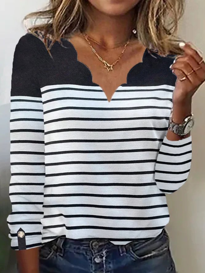 Women Striped V Neck Casual Long Sleeve T-shirt